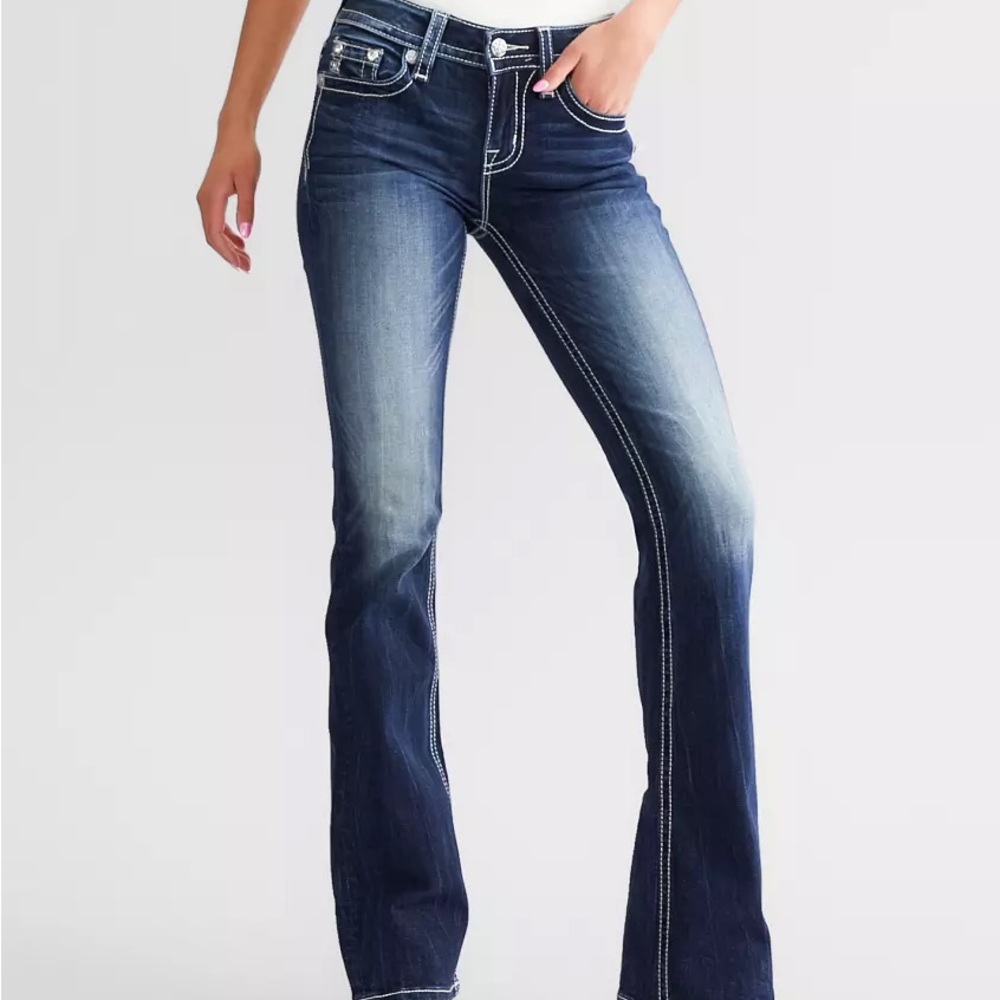 Miss Me Dark Blue Flare Jeans with Contrast Stitching
